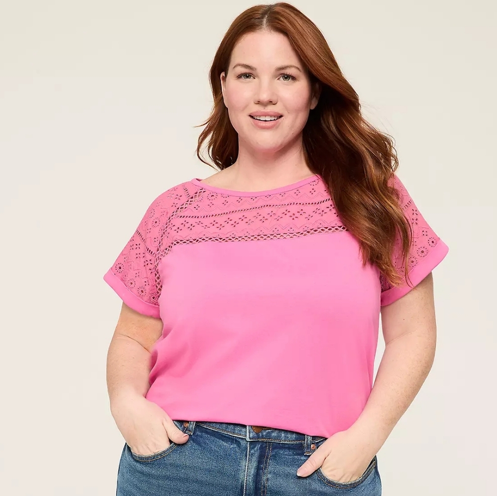 Lane Bryant Pink Eyelet-Detail Boatneck  Tee Plus Size 18/20